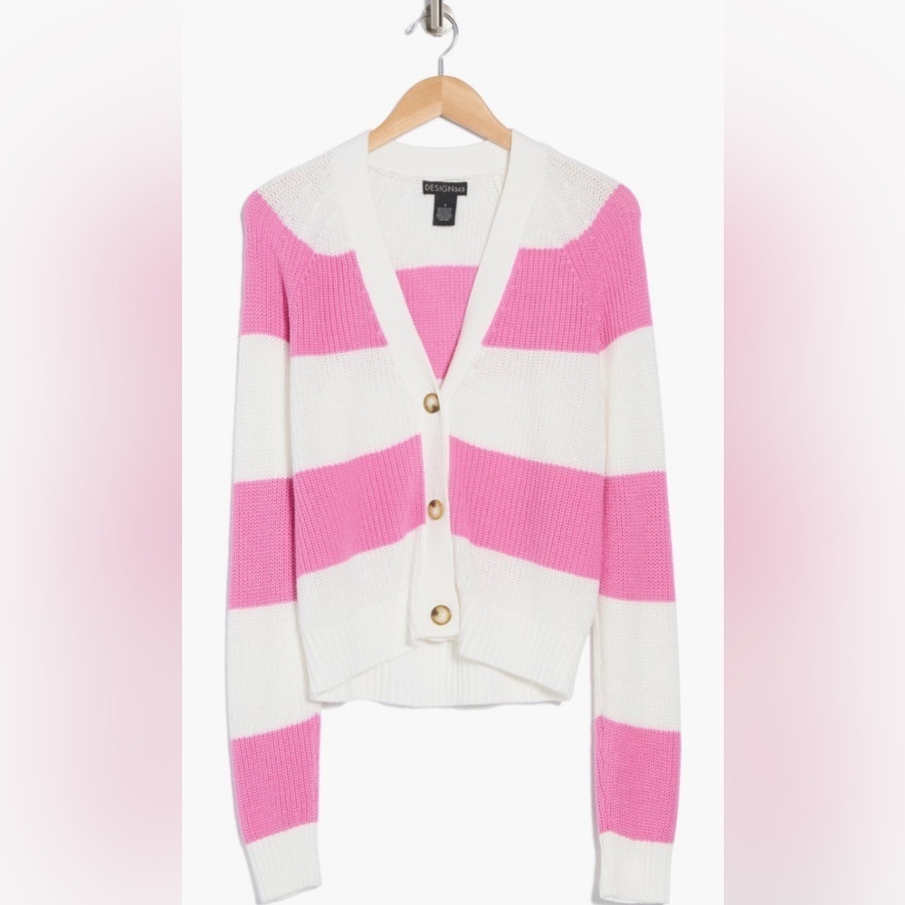 Pink and White Striped Design History Cardigan Size M NWT